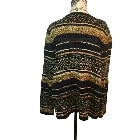 Chico’s Size 2 Large Black Gold Stripe Open Front Sweater Fringe Sequins - Picture 5 of 8
